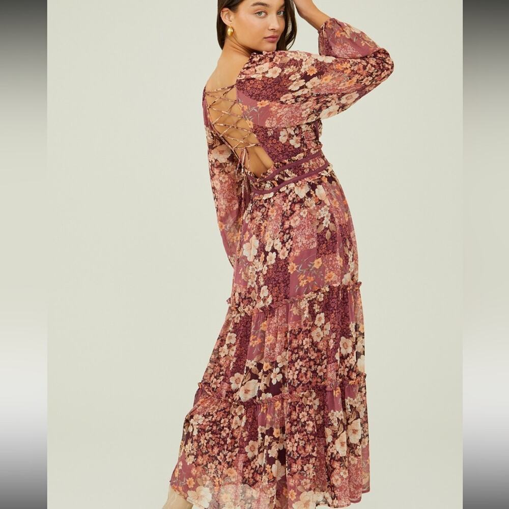 Altar'd State Billy Patchwork Maxi Dress Burgundy Floral Lace Up XS Cottagecore - Picture 1 of 7